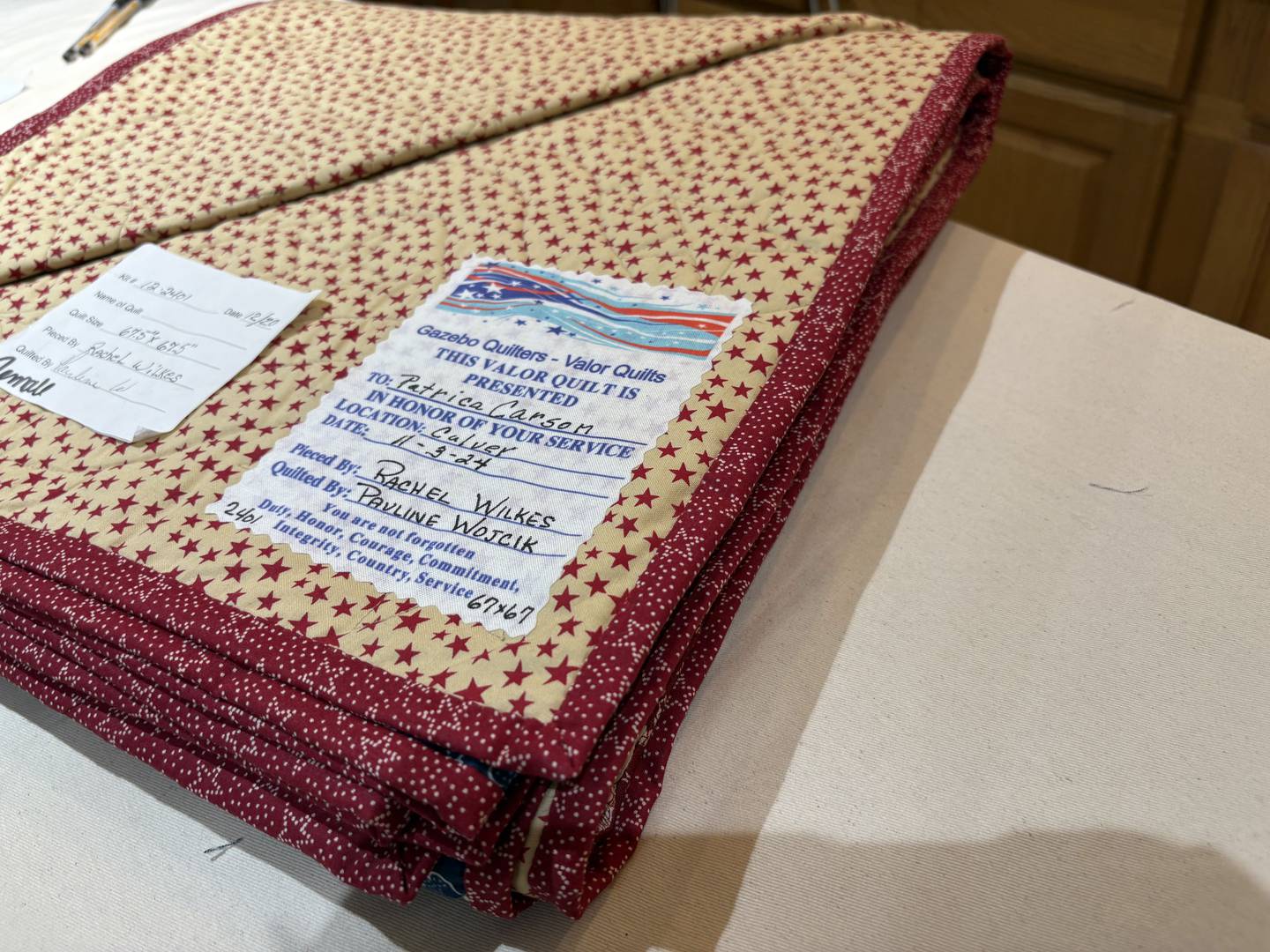 A label on a quilt for a veteran Oct. 31, 2024 in Huntley. The labels include the veteran, the day they will get it, where they got it and who pieced and quilted it.