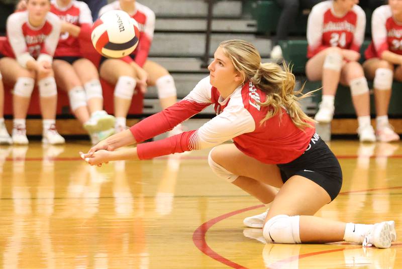 L-P's Kelsey Frederick digs out a save against Washington during the Class 3A Sectional final game on Thursday, Nov. 6, 2025 in Sellett Gymnasium at L-P High School.