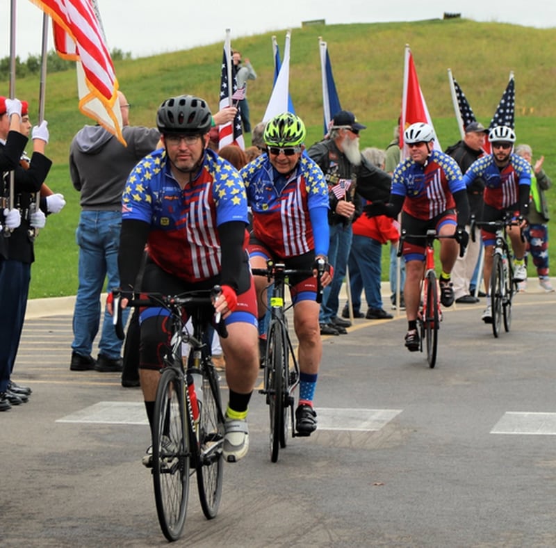 Jeremy Tackett, a major in the Illinois Army National Guard, finishes five-day, 500-mile the Gold Star 500 on Sept. 28, 2019, in Wheaton. This year, the ride will be held from Sept. 20 to 24, and will make a stop in Rock Falls.
