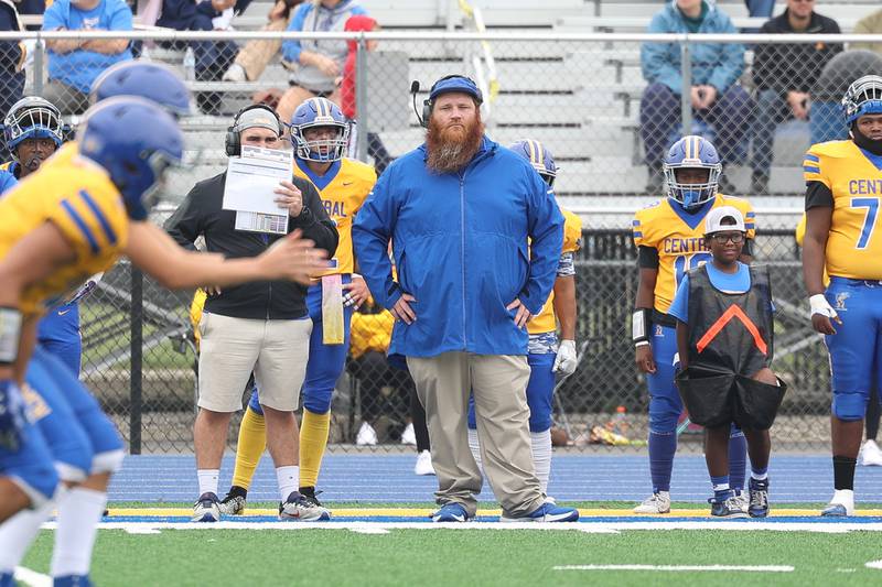 Joliet Central head coach Tom Hart watches the action against Joliet West on Saturday, Sept. 28, 2024 in Joliet.