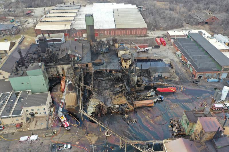 A view of the aftermath of the Carus Chemical fire from above on Wednesday, Jan. 11, 2023 in La Salle.
