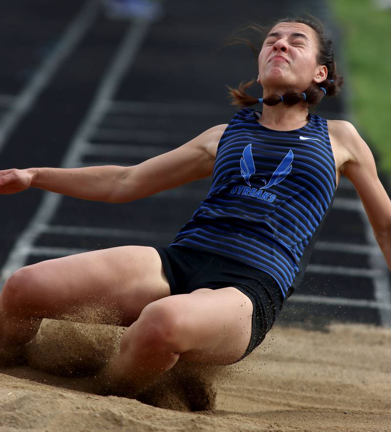 Woodstock’s Sophia Mendoza competes in the long jump during KRC Conference Track Meet action at Marengo High School in Marengo on Tuesday, May 6, 2025.