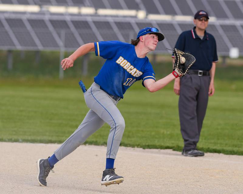 Somonauk's Kaden Geers-Clason (10) catches the ball for an out during the game on Tuesday May 13, 2025, while taking on Newark High School held at Somonauk High School.