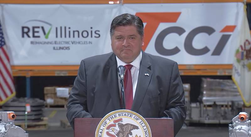 Gov. JB Pritzker speaks at a news conference Tuesday to announce the state's first award of tax credits through the Reimagining Electric Vehicles Act to a manufacturing company in Decatur. (Credit: Illinois.gov)