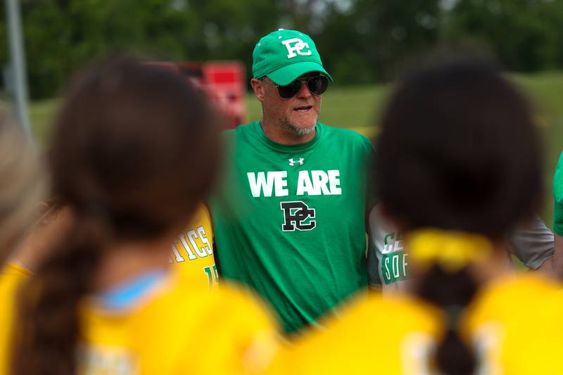Coach, Jim Holba of Providence talks with team after win on Tuesday, June 3, 2025 at Ottawa High School in Ottawa.