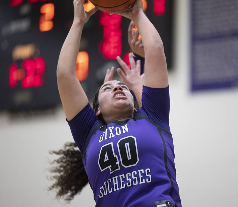 Dixon’s Hallie Williamson puts up a shot against Boylan Friday, Feb. 16, 2024 at the class 3A Rochelle girls basketball regional.
