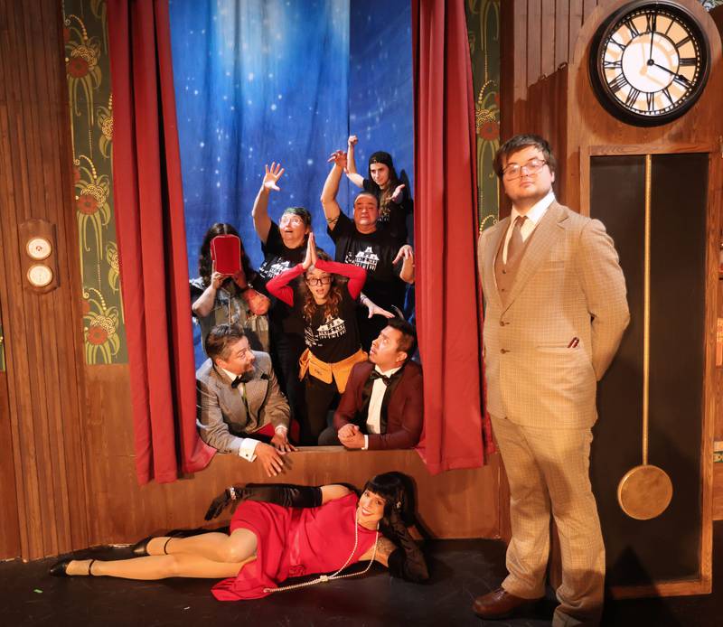 The cast of “The Play That Goes Wrong” (from left) Scott Harl, Nick Adams, Jeff Sudakov, Ana Klobnak and Mary Gramsas act out a scene during rehersal on Tuesday, March 31, 2026 at Stage 212 in La Salle.