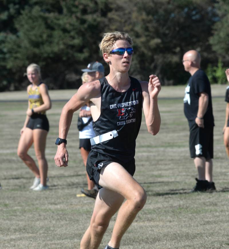 Erie-Prophetstown's Charlie Link  sprints to the finish line at the Oregon Open Cross Country Meet at Oregon High School on Saturday, Sept. 2, 2023. He finished fifth in 16:56.5.