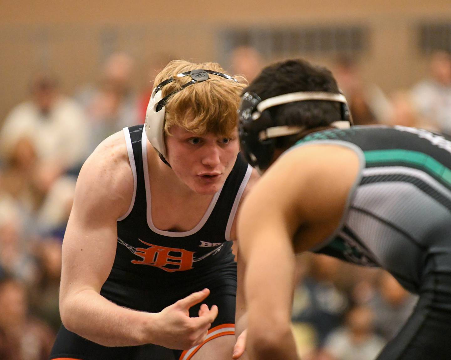 Hudson Ikens of DeKalb wrestles, left, against Frank Nitti of York High School during the 138 weight class during the last day of the Flavin invite held at DeKalb High School.
