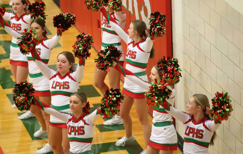 L-P cheerleaders perform during the game against Morris on Friday, Dec. 6, 2024 in Sellett Gymnasium at L-P High School.
