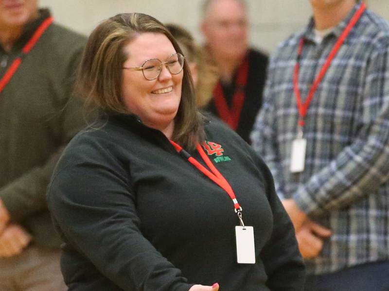 Melanie (DeCarlo) McDaniel L-P class of 2008, is introduced at halftime during the La Salle-Peru Township High School Hall of Honor ceremony on Friday, Feb. 7, 2025 in Sellett Gymnasium at L-P High School.