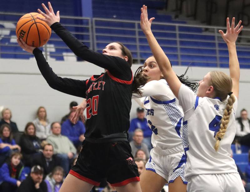 Huntley’s Alyssa Borzych heads for the hoop in varsity girls basketball on Monday, Feb. 9, 2026, at Central High School in Burlington.