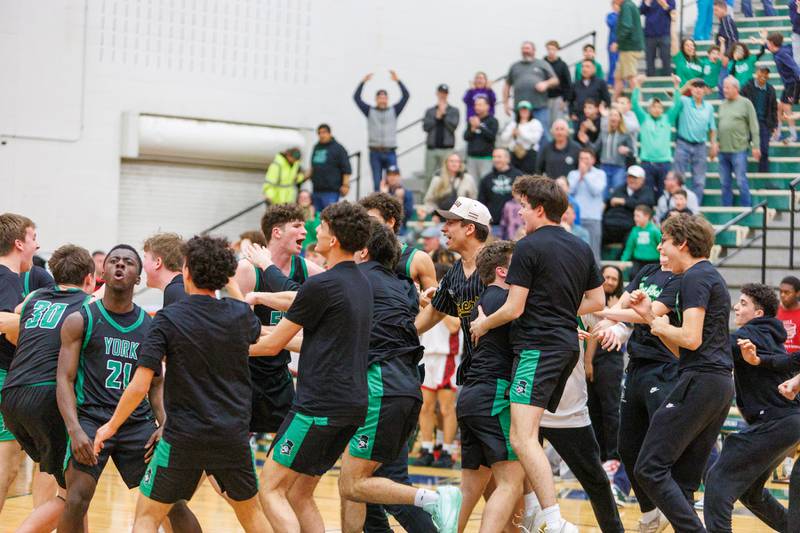 York celebrates the win over Glenbard East at the Class 4A Bartlett Sectional Final on Friday, March 6,2026 in Bartlett.