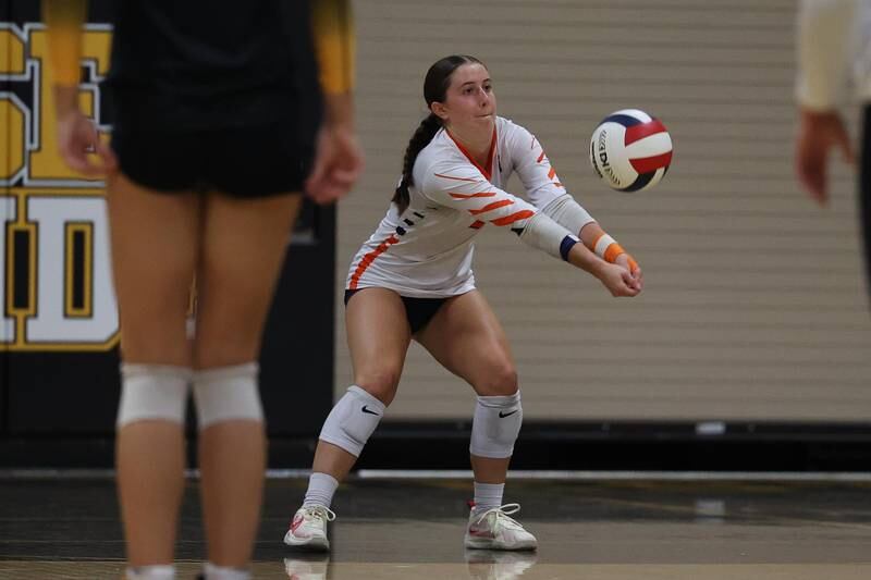 Romeoville’s Alexis Crowley receives the serve against Joliet West on Thursday, Sept. 5, 2024 in Joliet.