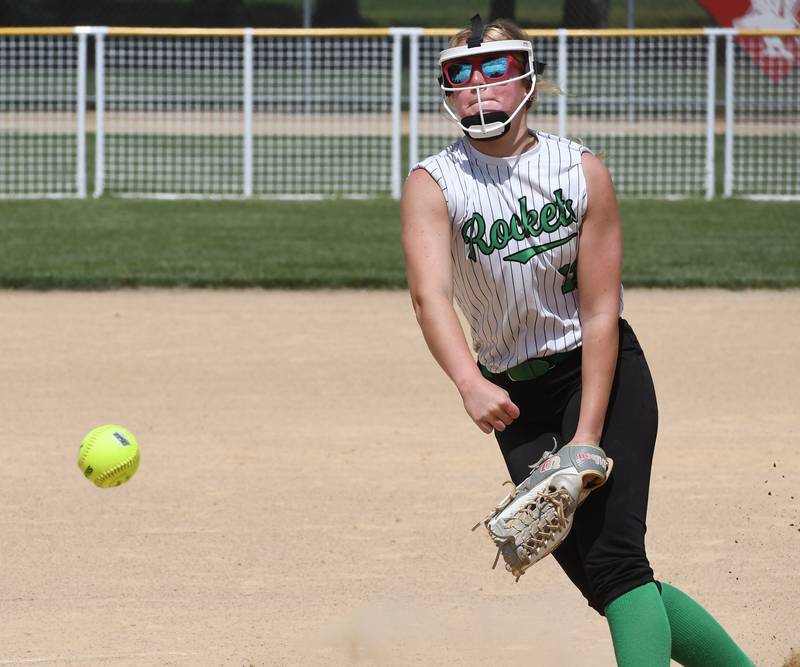 Rock Falls' Zoey Silva pitches against Oregon in the 2A championship regional on Saturday, May 23, 2026 at Oregon Park West.
