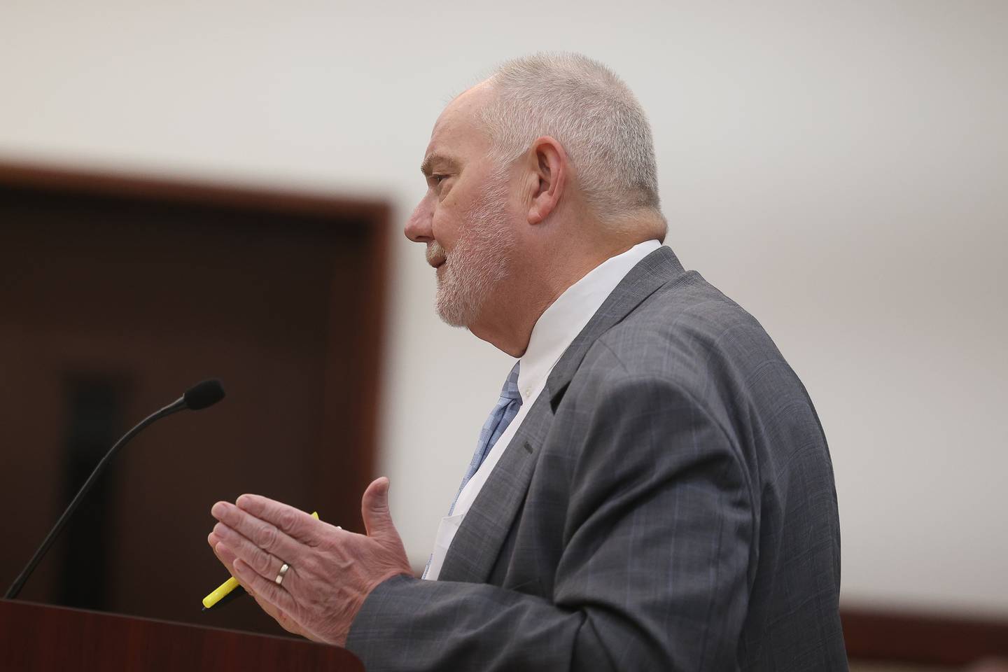 Defense lawyer Jeff Tomczak speaks to the judge at a pre-trial hearing for his client retired Joliet police sergeant Javier Esqueda at the Kendall County courthouse on Tuesday, July 9, 2024 in Yorkville. Esqueda is charged with official misconduct for accessing and leaking the police squad video of the arrest of Eric Lurry, 37, who died following his arrest on drug charges in January 2020.