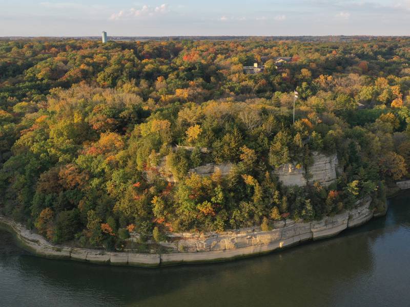 An aerial view of the fall colors over Starved Rock above the Illinois River on Tuesday, Oct. 24, 2023 at Starved Rock State Park