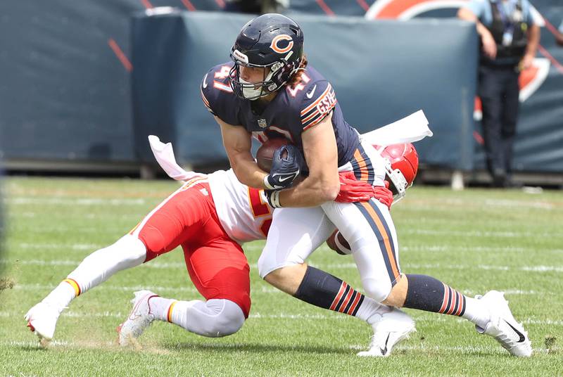 Chicago Bears tight end Chase Allen carries the ball after a reception during their preseason game against the Kansas City Chiefs Aug. 13, 2022, at Soldier Field in Chicago.