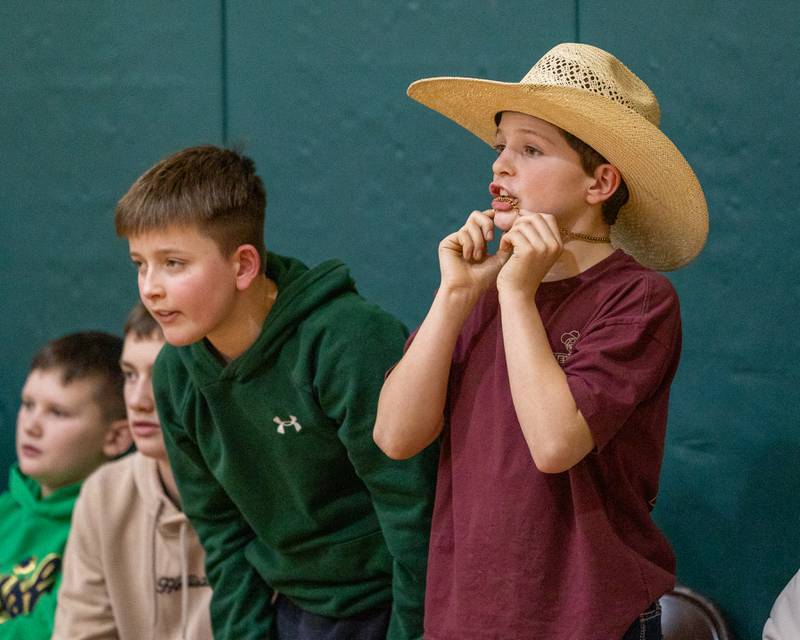 Children watch tied game of Donkey Basketball on Saturday, Feb. 7, 2026 at Seneca High School West Campus in Seneca.