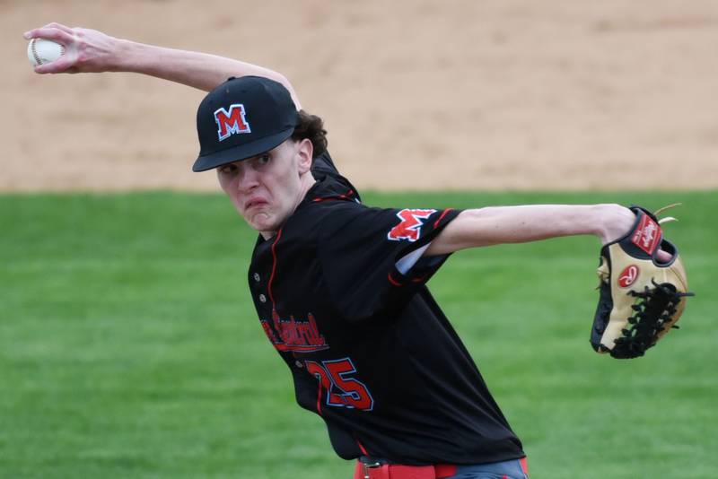 Marian Central's Blake Dominski throws a pitch during a game at Bishop McNamara Friday, April 17, 2026.
