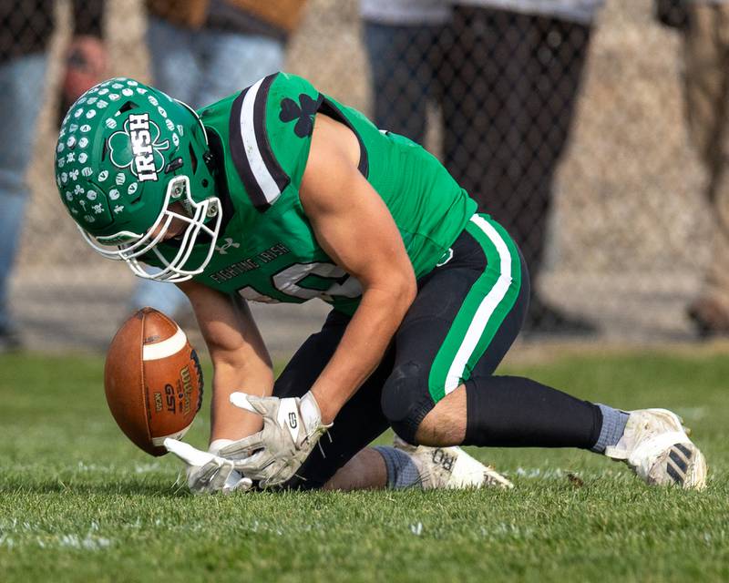 Liam Knoebel (10) of Seneca attempts to grab ball after on-side kick on Saturday, November 1, 2025 at Seneca High School in Seneca.