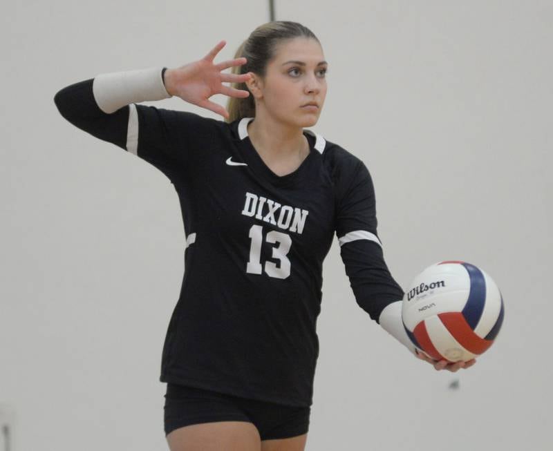 Dixon's Solis Thompson gets ready to serve during the championship match against Stockton at the Oregon Varsity Girls Volleyball Tournament on Saturday, Sept. 6, 2025 at the Blackhawk Center in Oregon. Dixon fell in two matches.