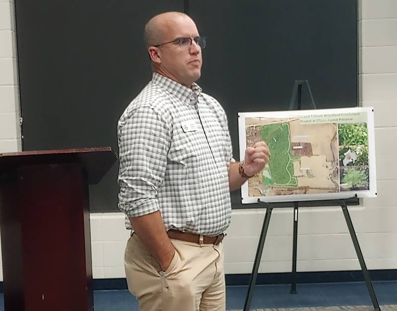Kane County Forest Preserve District Executive Director Benjamin Haberthur presents information about the district's levy increase referendum on the Nov. 5 ballot.