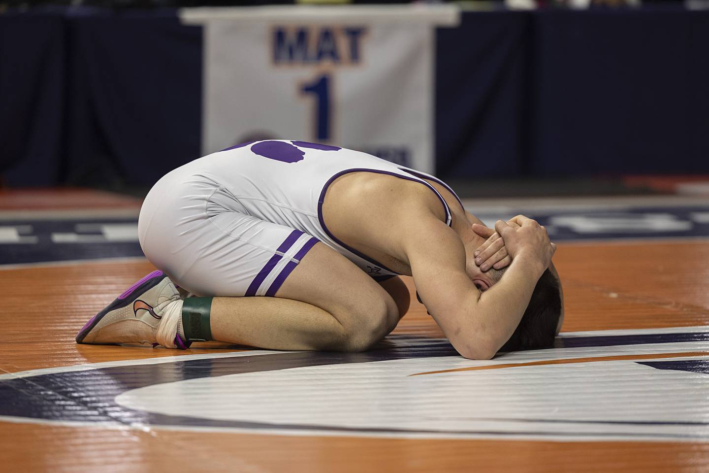 Wilmington’s Logan VanDuyne reacts to losing in the 1A 190 pound class  Saturday, Feb. 21, 2026, at the IHSA wrestling finals in Champaign.