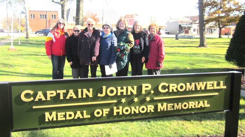 Members of the Chief Senachwine Chapter NSDAR laid a wreath at the memorial of Medal of Honor honoree, Capt. John Cromwell, USN, in the Henry Park on Veterans Day.
