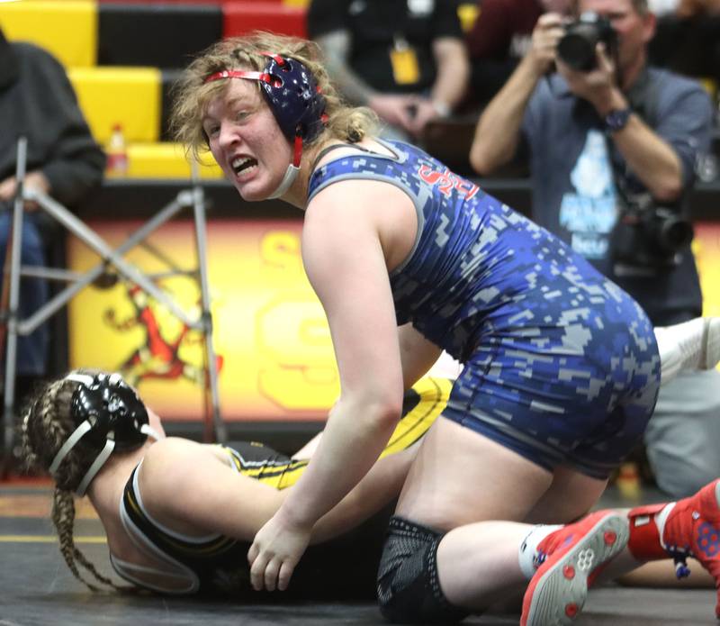South Elgin’s Allison Garbacz celebrates after pinning Hinsdale South’s Callie Carr at 155 pounds in varsity girls IHSA Sectional wrestling on Saturday, February 14, 2026, at Schaumburg High School in Schaumburg.