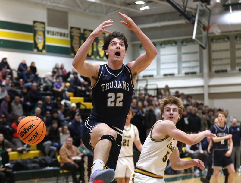 Cary-Grove's Adam Bauer reacts to having the ball knocked away bu Crystal Lake South's Carson Trivellini during a Fox Valley Conference boys basketball game on Friday, Jan. 23, 2026, at Crystal Lake South High School.