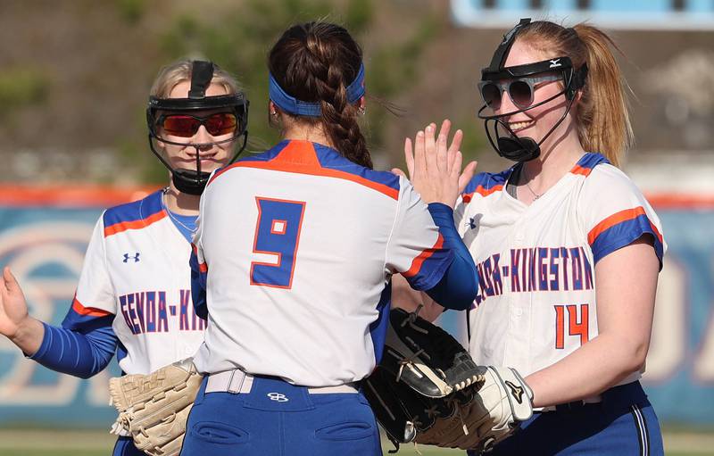Genoa-Kingston's Kiearah Mitchell (right) gets high-fives after striking out a batter during their game against Stillman Valley Tuesday, April 18, 2023, at Genoa-Kingston High School.