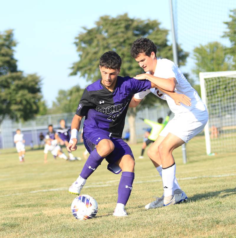Rochelle's Antonio Ruiz fights for possession of the ball during the game with Morris on Sept. 21, 2025.