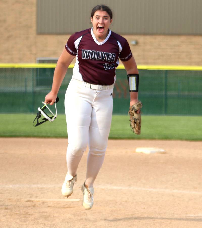 Prairie Ridge’s Reese Mosolino celebrates the final out of a 1-0 win over Crystal Lake Central in Class 3A Regional softball action at Crystal Lake South Wednesday.