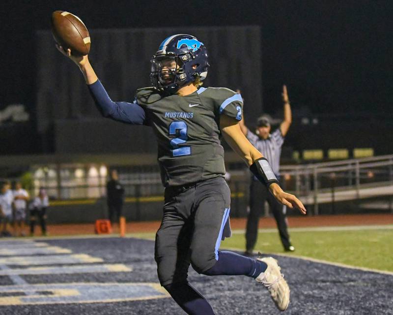 Downers Grove South William Potter celebrates after scoring a touchdown in the first half of the game on Friday Sep. 15, 2023 while taking on Willowbrook in Downers Grove.