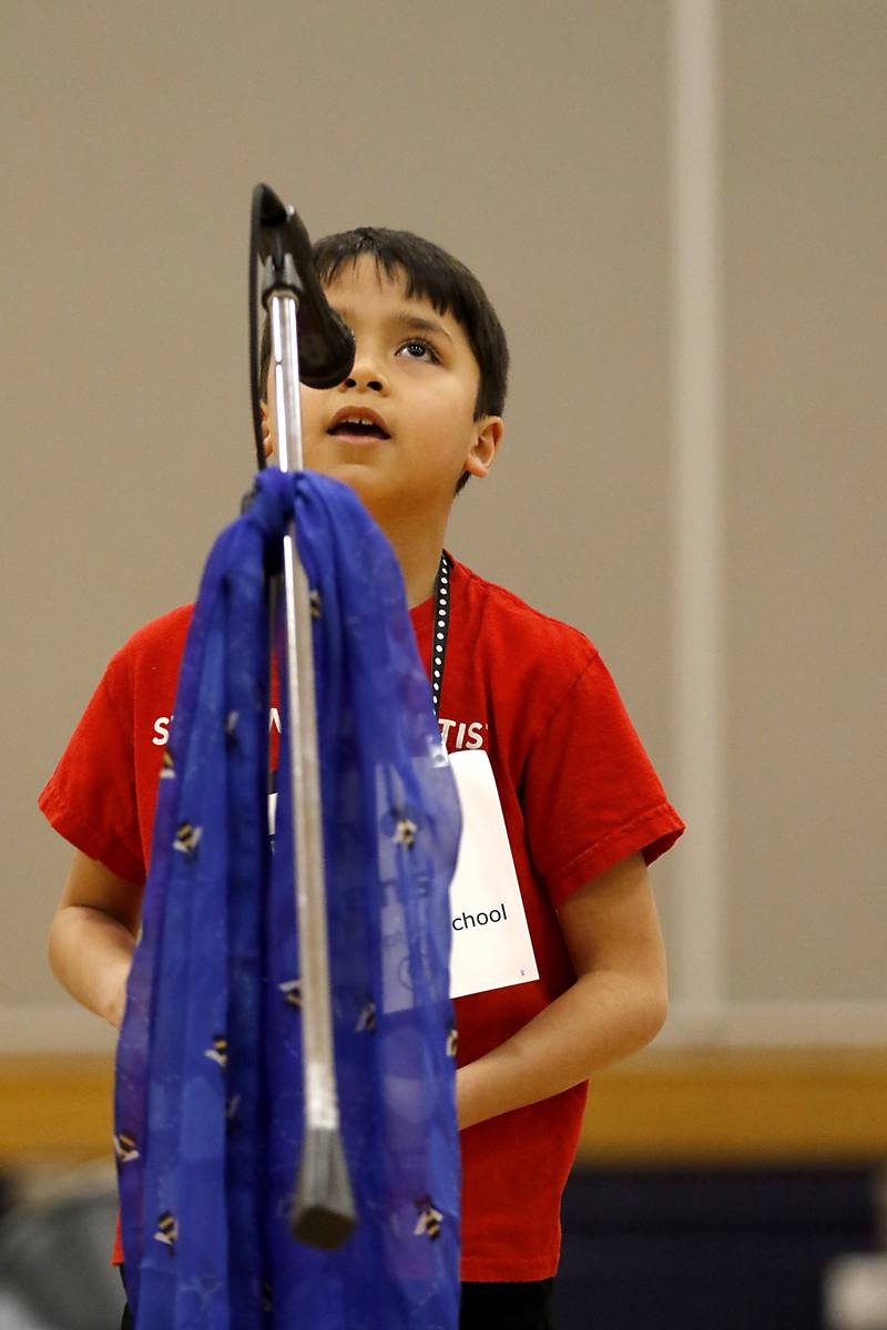 Daniel Edens, of Saint John the Baptist School, spells a word during the McHenry County Regional Office of Education’s 2025 Spelling Bee on Wednesday, March 19, 2025 at Bernotas Middle School in Crystal Lake.