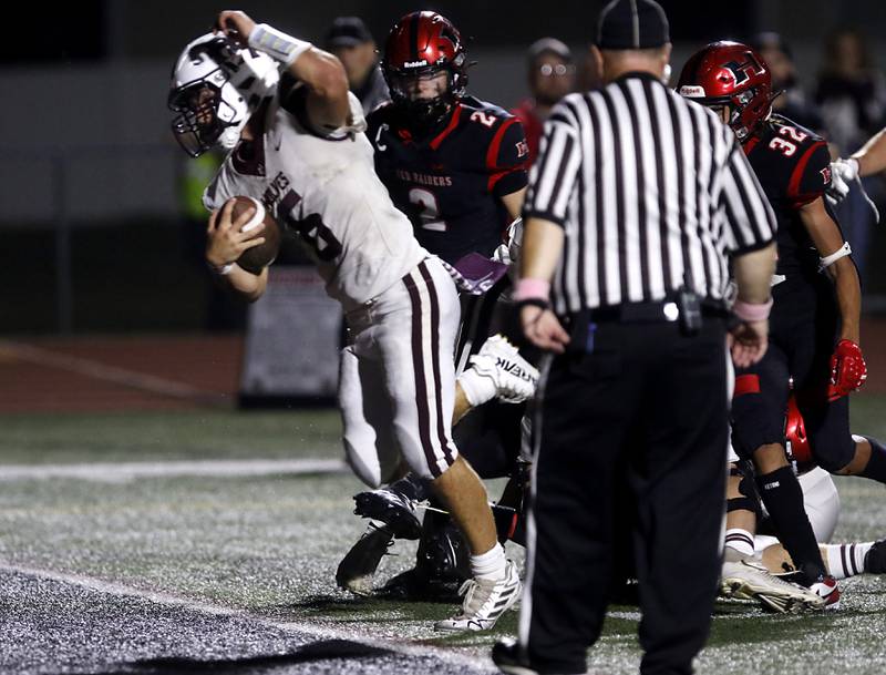Prairie Ridge's Luke Vanderwiel score to tie the game during a Fox Valley Conference football game against Huntley  on Friday, Oct. 3, 2025, at Huntley High School.