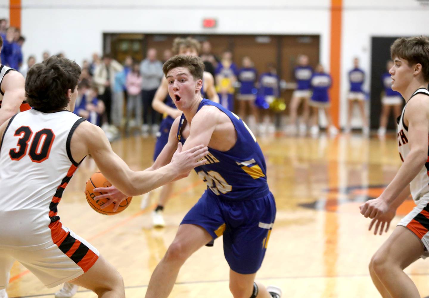 Wheaton North’s William Channing drives toward the basket during a game against Wheaton Warrenville South on Friday, Feb. 7, 2025 in Wheaton.
