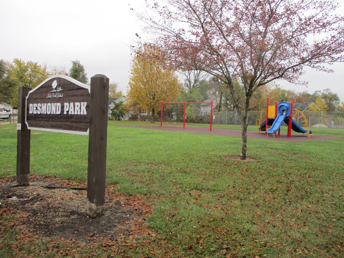 Desmond Park at the corner of Columbia Street and Henderson Avenue in Joliet was the place where a man's car crashed after he was hit by gunfire on Sunday afternoon. Oct. 31, 2022.