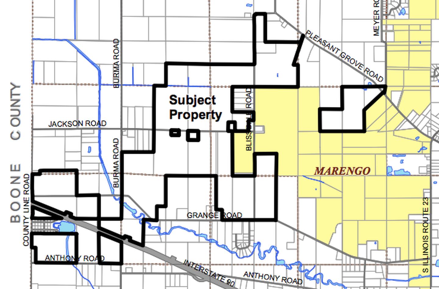 A map shows parts of unincorporated McHenry County southwest of Marengo where a solar farm will be built in 2022.