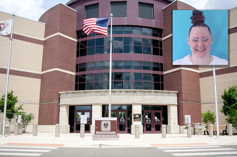 The Michael J. Sullivan Judicial Center in Woodstock with inset of Jennifer McMullan, 39.
