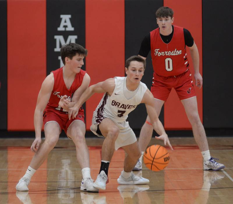 Annawan's Maddux Heitzler (3) handles the basketball as Forreston's Darin Greenfield (12) defends during the championship of the 1A Amboy Regional on Friday, Feb. 28, 2025 at Amboy High School.