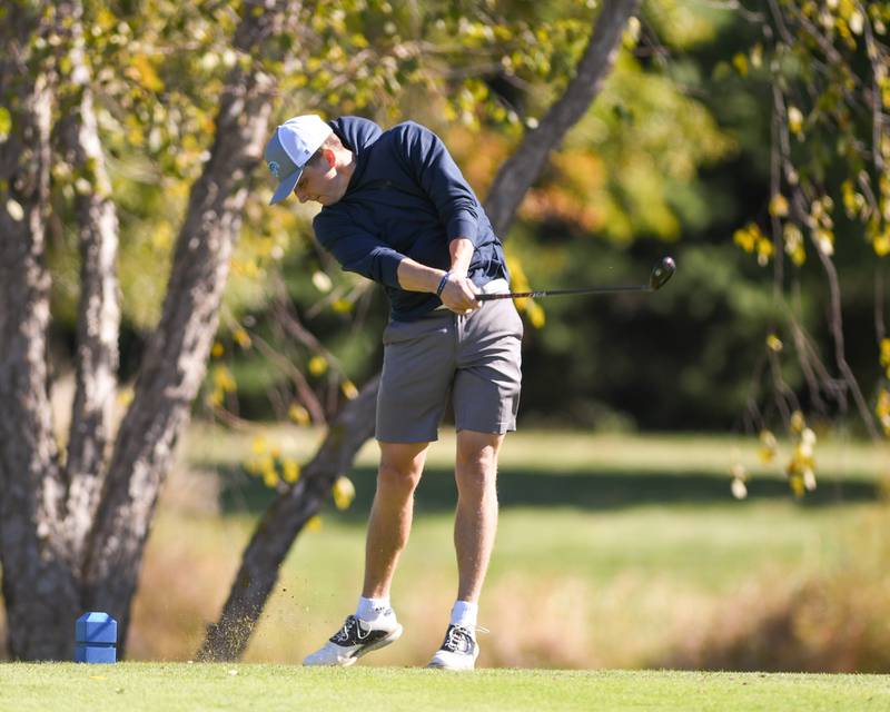 Downers Grove South's Jack Chrastka tees off on Monday Oct. 7, 2024, during the 3A sectional match held at Blackberry Oaks Golf Course in Bristol.
