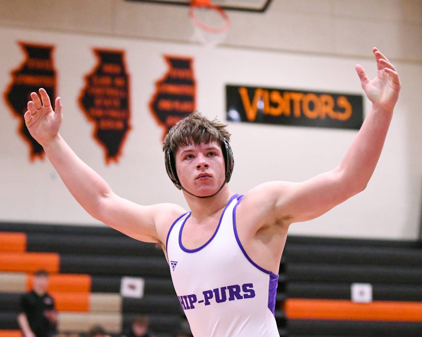 Knox Homola of Hampshire celebrates his first-place regional title in the 285-weight class on Saturday Jan. 31, 2026; while taking on Chandler Jack of Machesney Park Harlem held at DeKalb High School.
