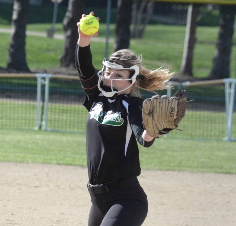 Rock Falls' Zoey Silva pitches against Oregon on Monday, April 14, 2025 at Oregon Park West.