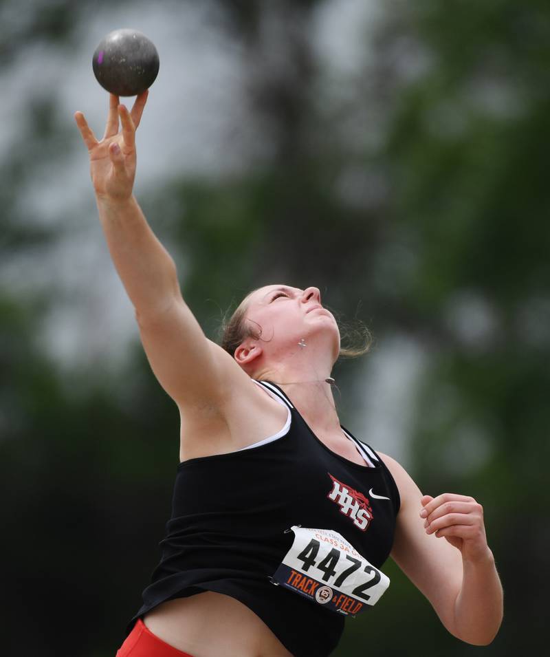 Huntley’s Elena Fetzer throws while competing in the Class 3A shot put during the girls track and field state meet at Eastern Illinois University on Saturday, May 23, 2026 in Charleston.