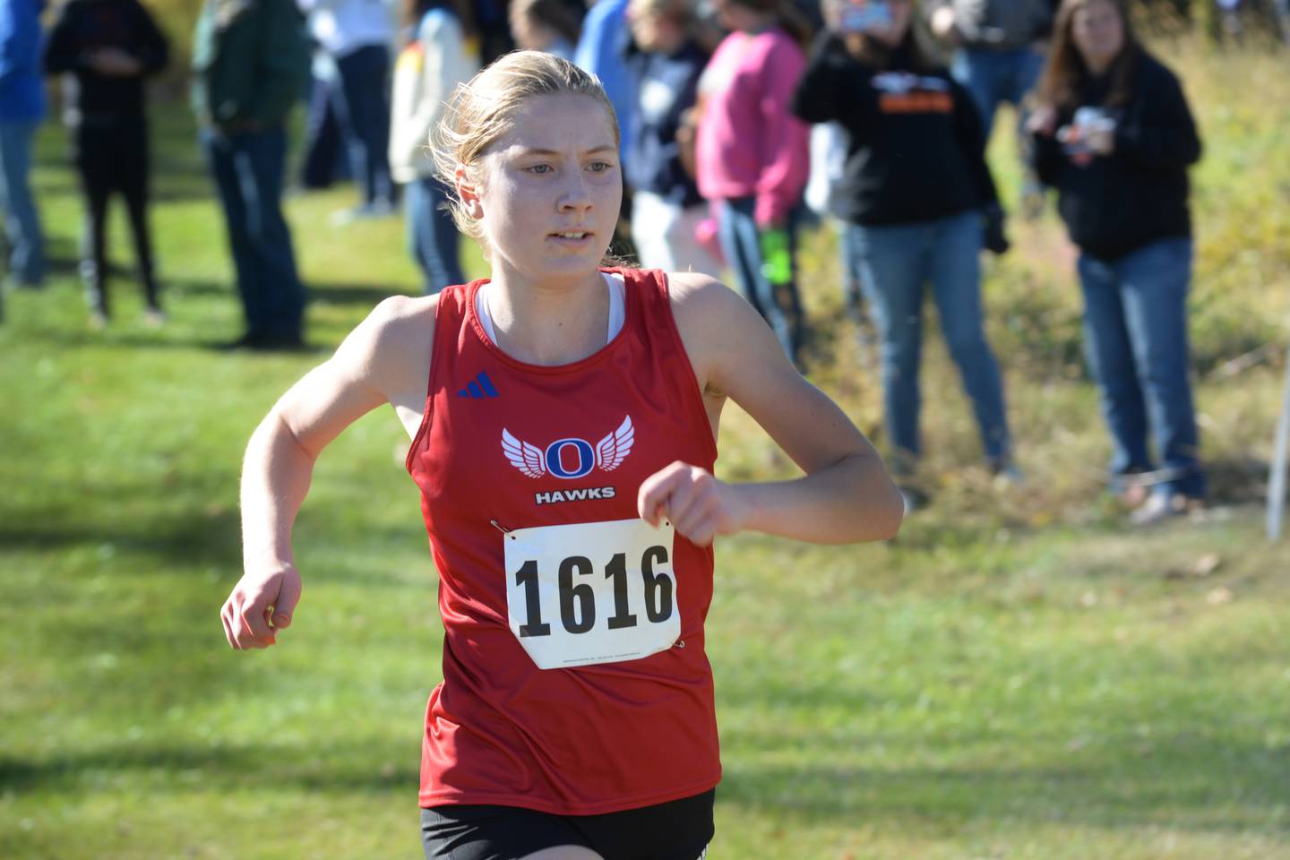 Oregon's Jillian Hammer races to the finish line at the 51st Annual Columbus Day Invitational at Shady Oaks Golf Club in Sublette on Monday, Oct. 14. 2024.