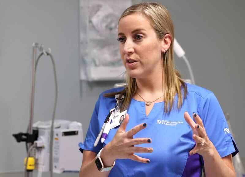 Nurse Randa Melms talks in the emergency room Thursday, April, 18, 2024, at Northwestern Medicine Kishwaukee Hospital in DeKalb.