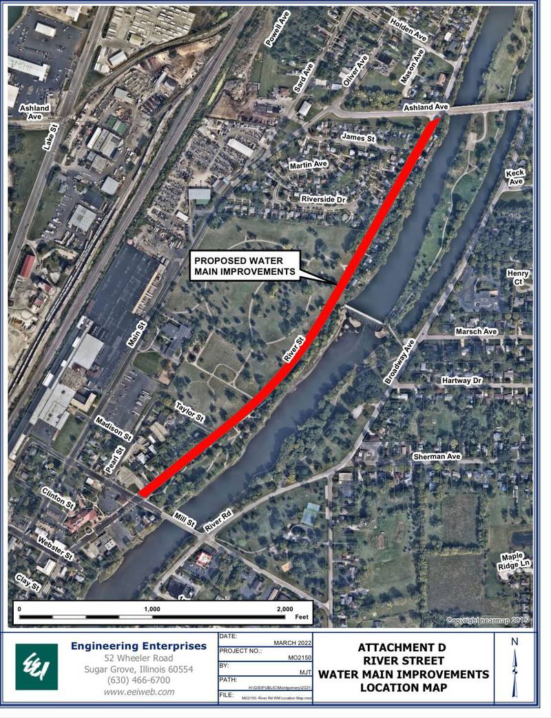 The Montgomery Village Board voted Monday, Jan. 23, 2023 to hire Engineering Enterprises, Inc., of Sugar Grove for engineering services for the replacement of the North River Street water main. The location of the main is indicated in red on the map above. The main extends north from Mill Street to Ashland Avenue. (Map provided by the village of Montgomery)