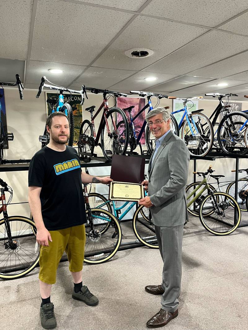 State Representative Dan Ugaste has presented his third quarter Small Business Spotlight to Everything Pedal, a bike shop located at 135 N. La Fox Street in South Elgin.